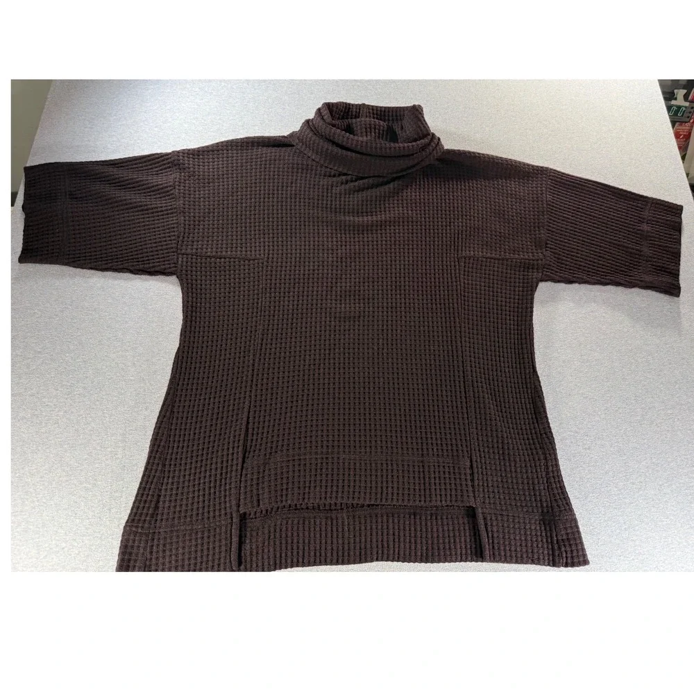 Sympli Waffle Knit Cowl Neck Sweater Wine Elbow Sleeve Pouch Pocket Size 12